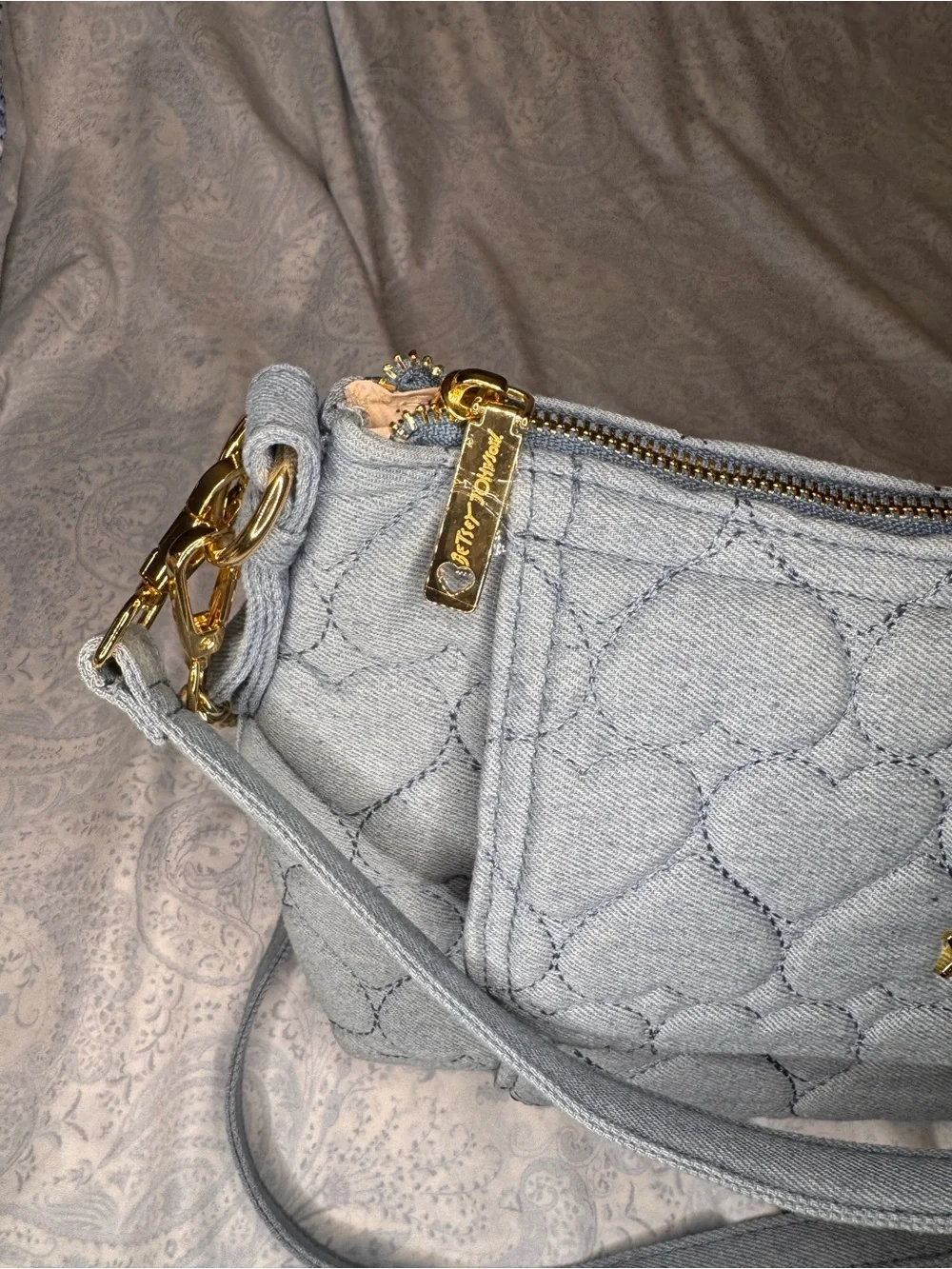 Betsey Johnson Light Blue Soft Denim Quilted Heart Crossbody & Red Bandana Clip